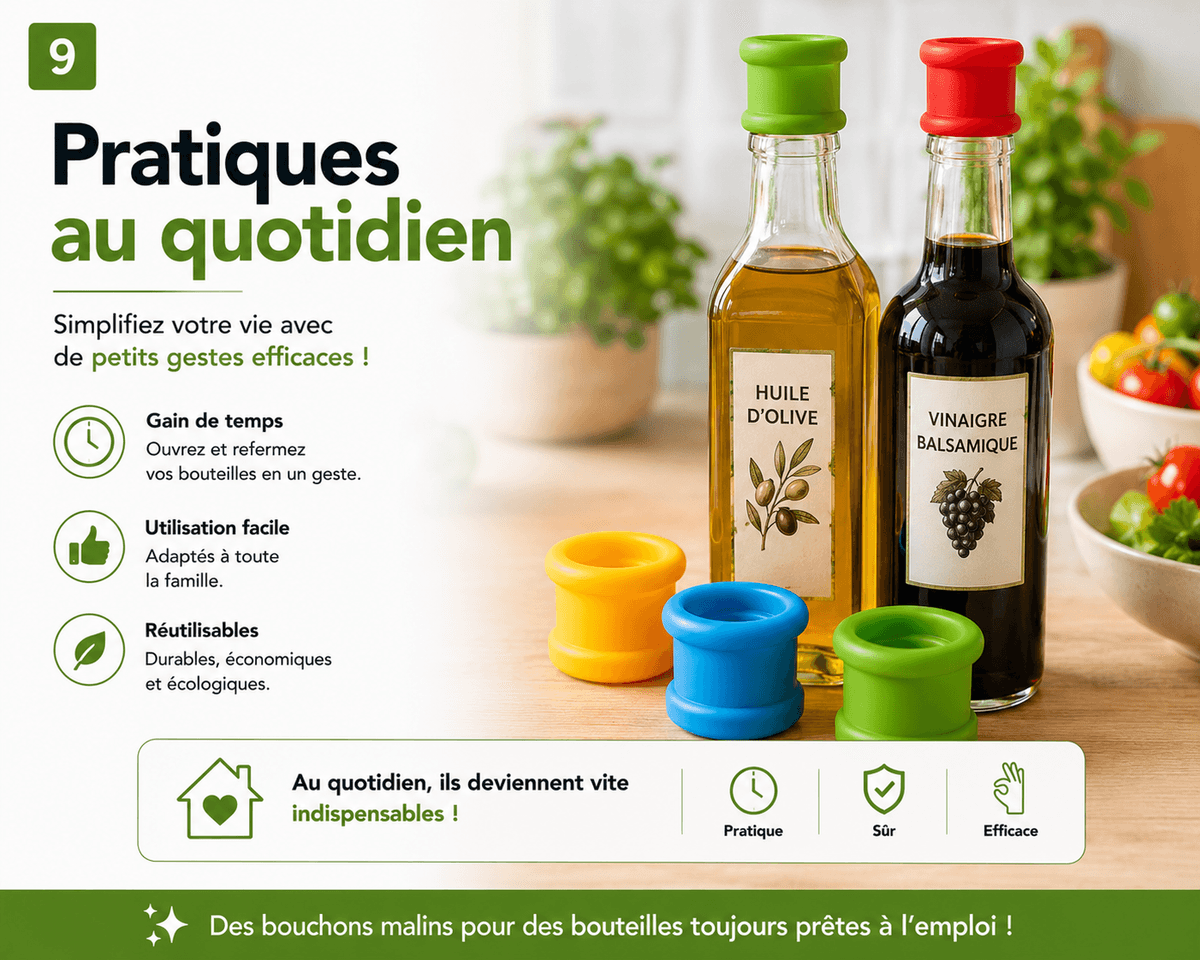 Bouchons silicone hermétiques Idastuce pour bouteilles d'huile d'olive et de vinaigre. Réutilisables, pratiques au quotidien et compatibles avec la plupart des bouteilles.