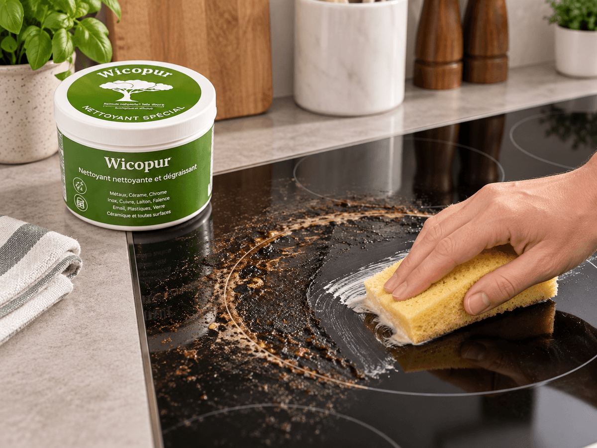Nettoyage d’une plaque induction ou vitrocéramique incrustée avec la pierre blanche Wicopur et une éponge humide