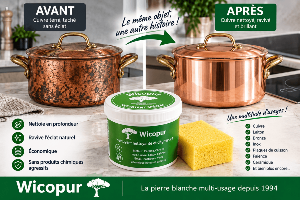 Avant après d’un récipient en cuivre terni nettoyé et ravivé avec la pierre blanche Wicopur