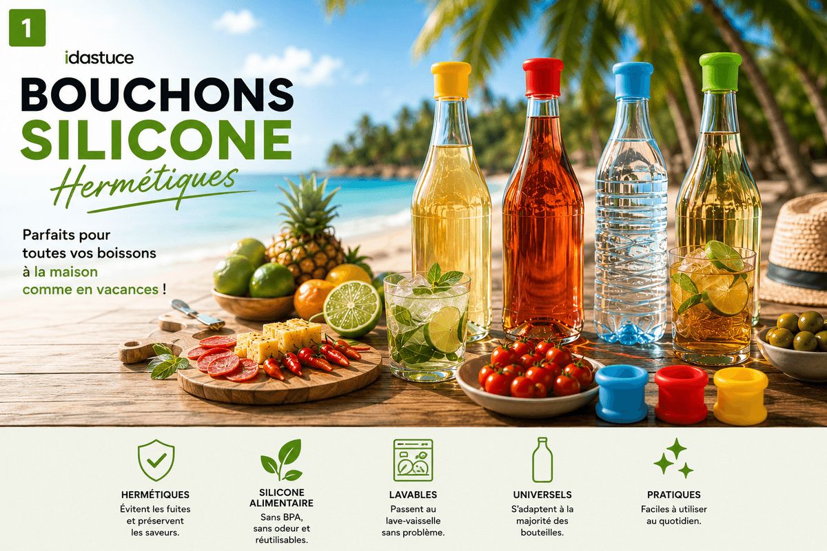 Bouchons silicone hermétiques universels Idastuce pour bouteilles d'eau, vin, soda, jus et huile, réutilisables et compatibles avec la plupart des bouteilles.