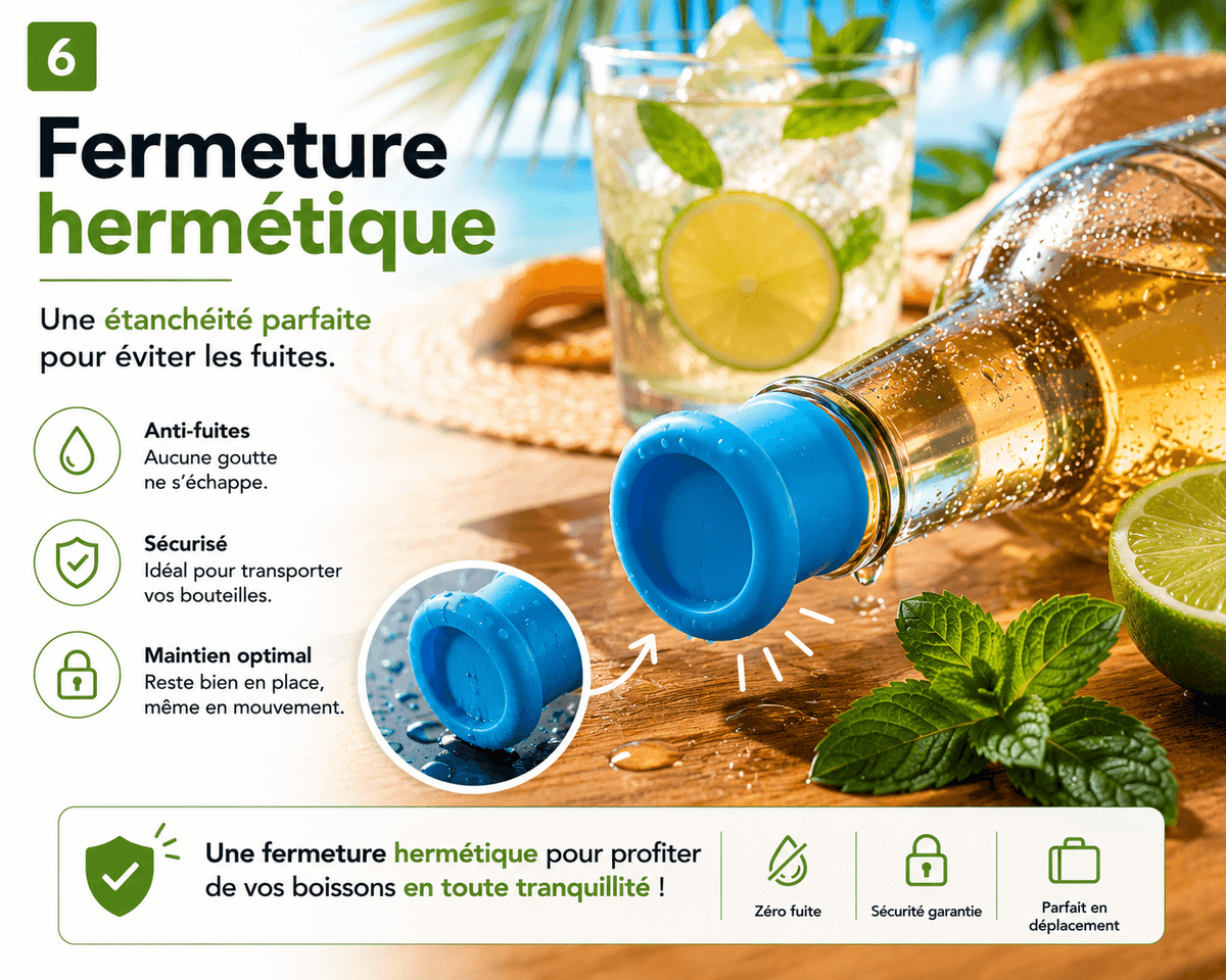 Bouchon silicone hermétique Idastuce assurant une fermeture étanche sur une bouteille. Compatible avec bouteilles d'eau, vin, soda, jus, huile et vinaigre pour limiter les fuites