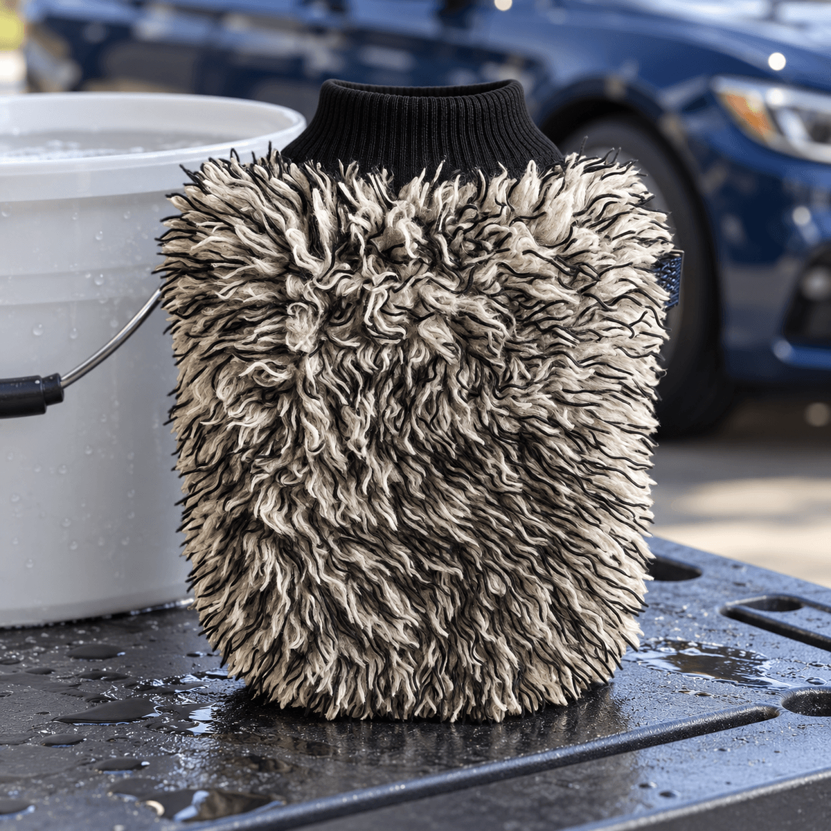 Gant de lavage Carbonfaser à fibres noires et blanches, près d’un seau et d’une voiture
