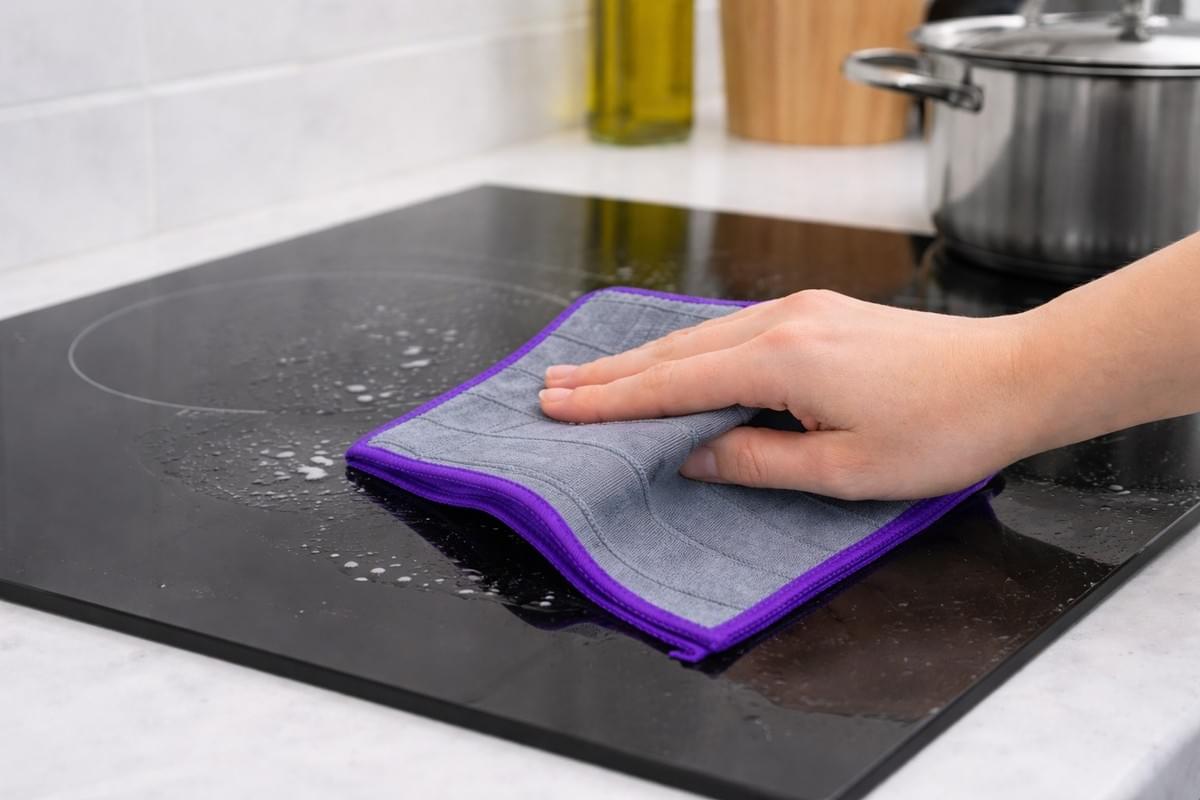 Nettoyage d'une plaque induction avec la fibre carbonfaser éliminant les traces difficiles