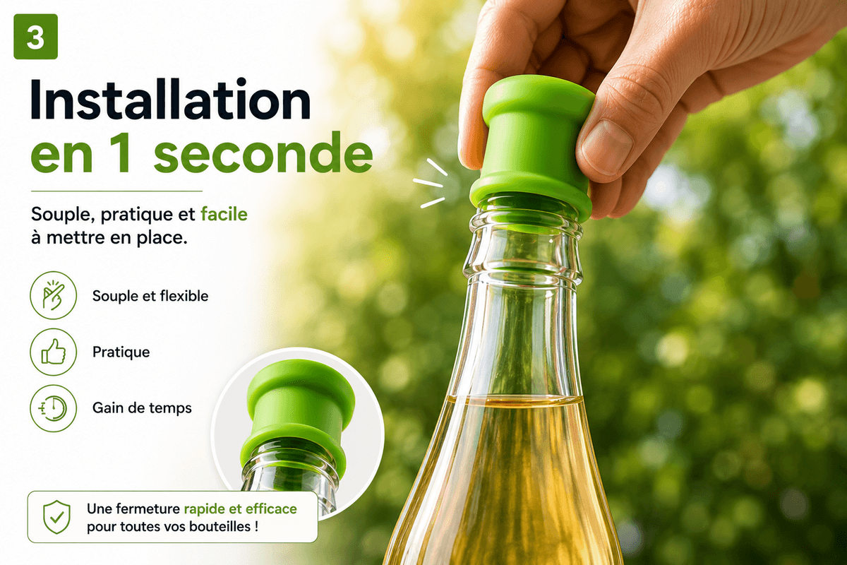 Installation facile d'un bouchon silicone hermétique Idastuce sur une bouteille. Bouchon universel réutilisable pour bouteilles d'eau, vin, soda, jus, huile et vinaigre.