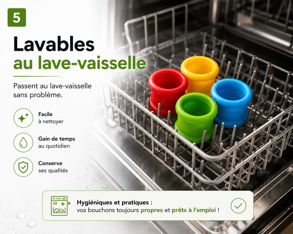 Bouchons silicone hermétiques universels Idastuce dans un lave-vaisselle. Silicone alimentaire réutilisable, facile à nettoyer et compatible avec bouteilles d'eau, vin, soda, jus, huile et vinaigre.