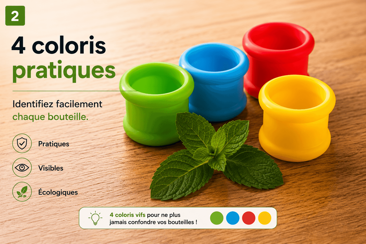 4 bouchons silicone hermétiques universels Idastuce de différentes couleurs pour reconnaître facilement les bouteilles d'eau, vin, soda, jus, huile et vinaigre.