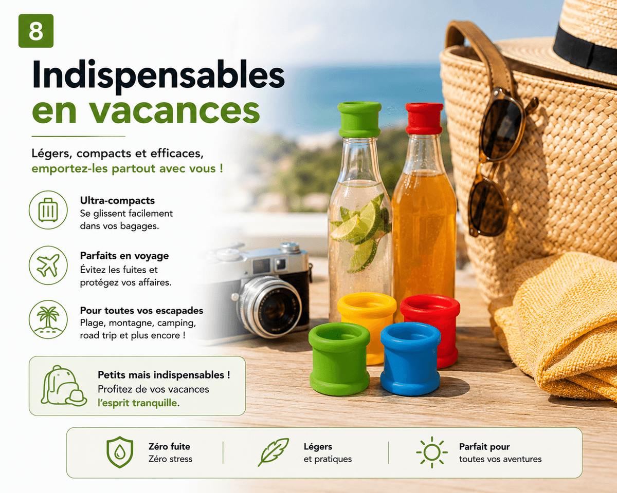Bouchons silicone hermétiques universels Idastuce en vacances. Accessoires pratiques pour le camping, le camping-car, la caravane, le bateau, les pique-niques et les voyages.