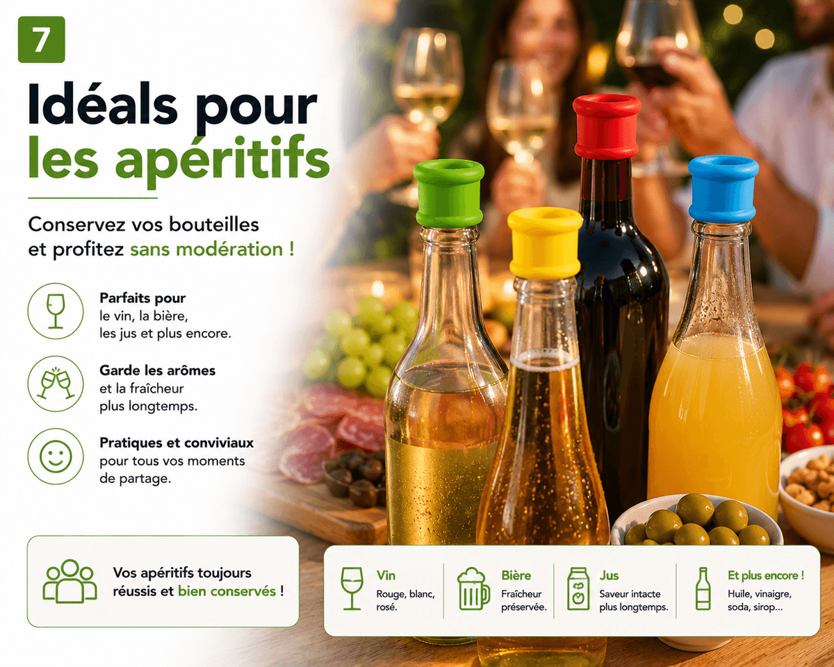 Bouchons silicone hermétiques universels Idastuce pour bouteilles de vin, bière, jus de fruits et boissons. Idéals pour les apéritifs, repas en famille et soirées entre amis.