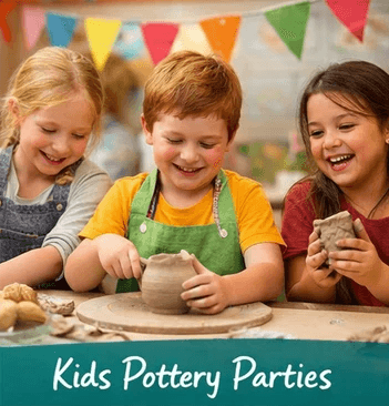Children creating pottery during a kids pottery party