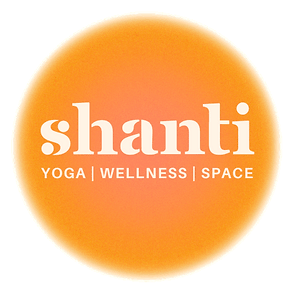 Orange circle with white text: Shanti. Yoga, Wellness, Space