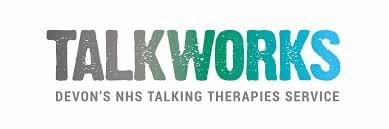 TALKWORKS text logo in graduated colourway of grey to green to blue. Underneath in grey are the words: Devon’s NHS Talking Therapies Service
