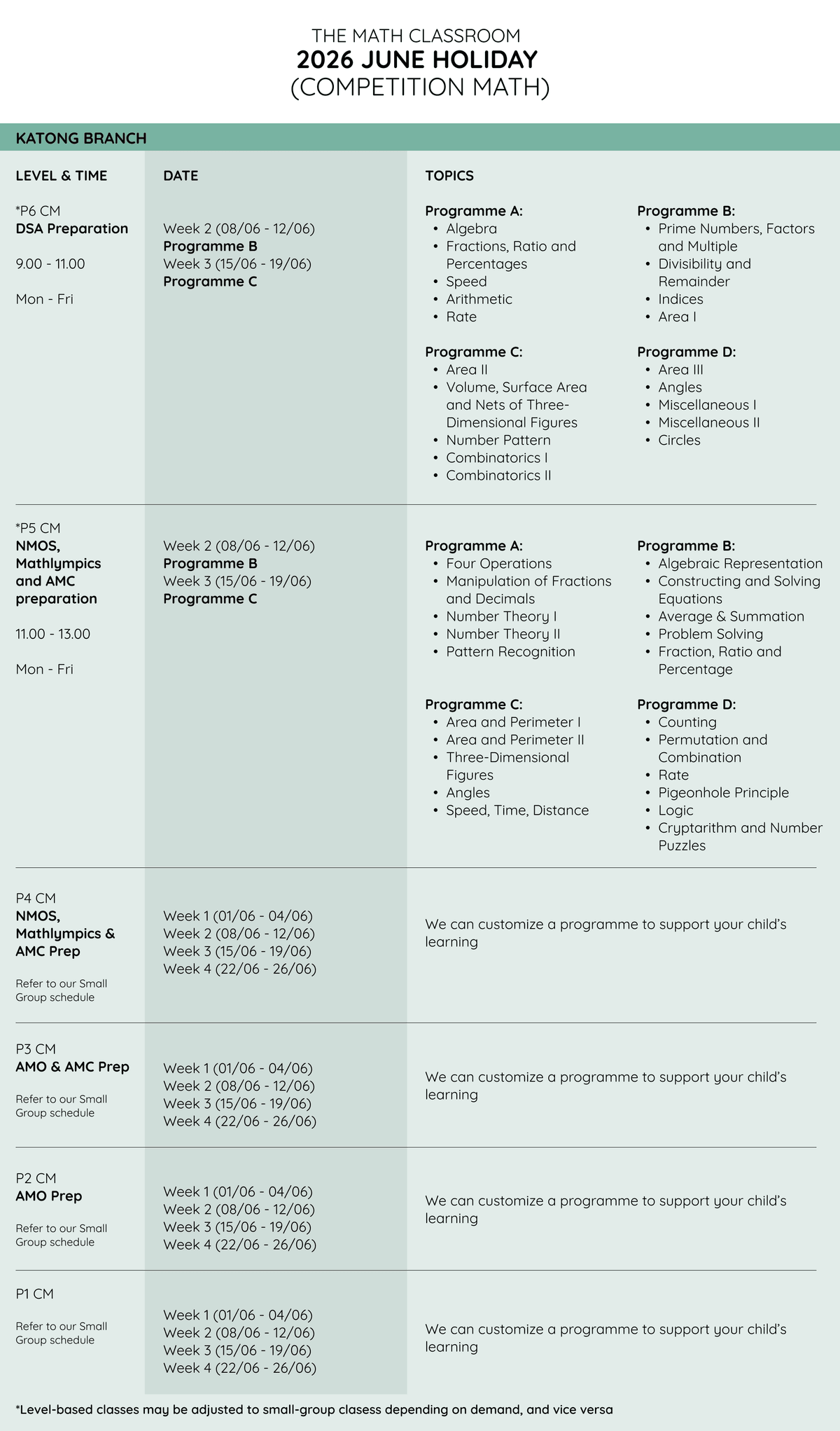 The Math Classroom 2026 June Holiday Competition Math schedule for the Katong branch