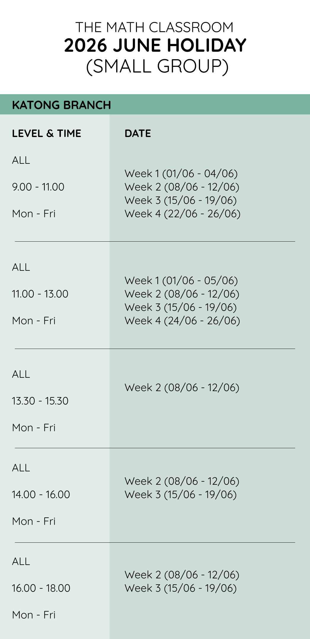 The Math Classroom 2026 June Holiday small-group schedule for the Katong branch