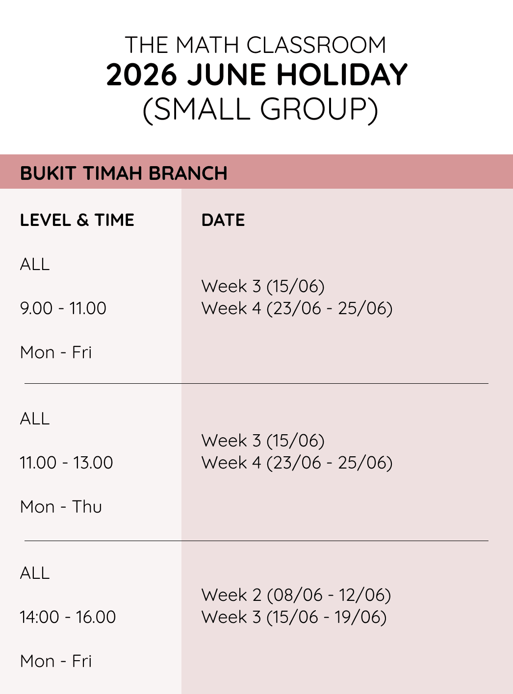 The Math Classroom 2026 June Holiday small-group schedule for the Bukit Timah