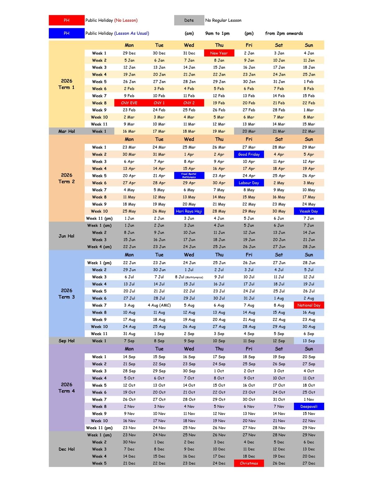 The Math Classroom 2026 academic calendar showing school terms, public holidays, lesson schedules, Olympiad competitions, and important education dates.