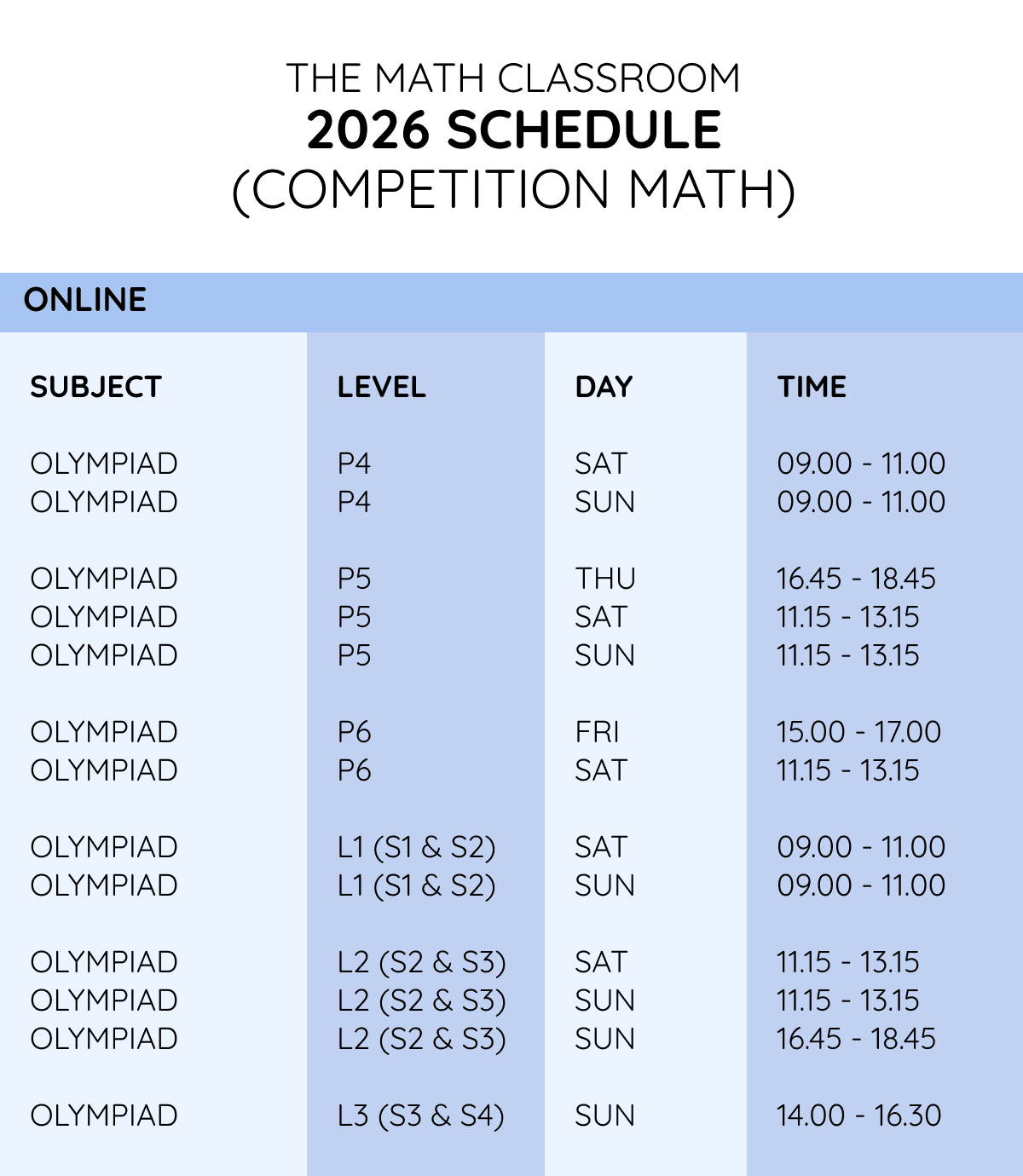 The Math Classroom Level-based Schedule 2026 June Competition Math for Online