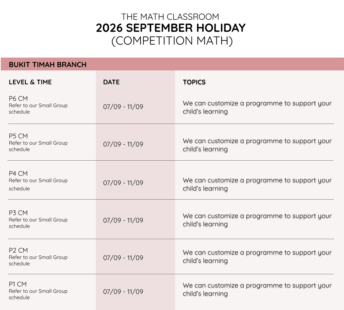 The Math Classroom 2026 June Holiday Competition Math schedule for the Bukit Timah branch The Math Classroom 2026 June Holiday Competition Math schedule for the Bukit Timah branch