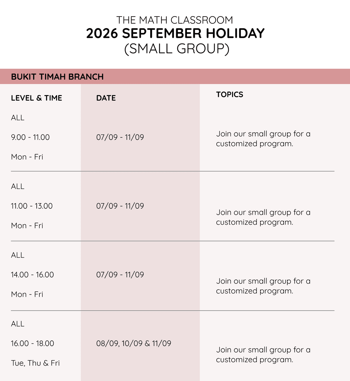 The Math Classroom 2026 June Holiday small-group schedule for the Bukit Timah The Math Classroom 2026 June Holiday small-group schedule for the Bukit Timah