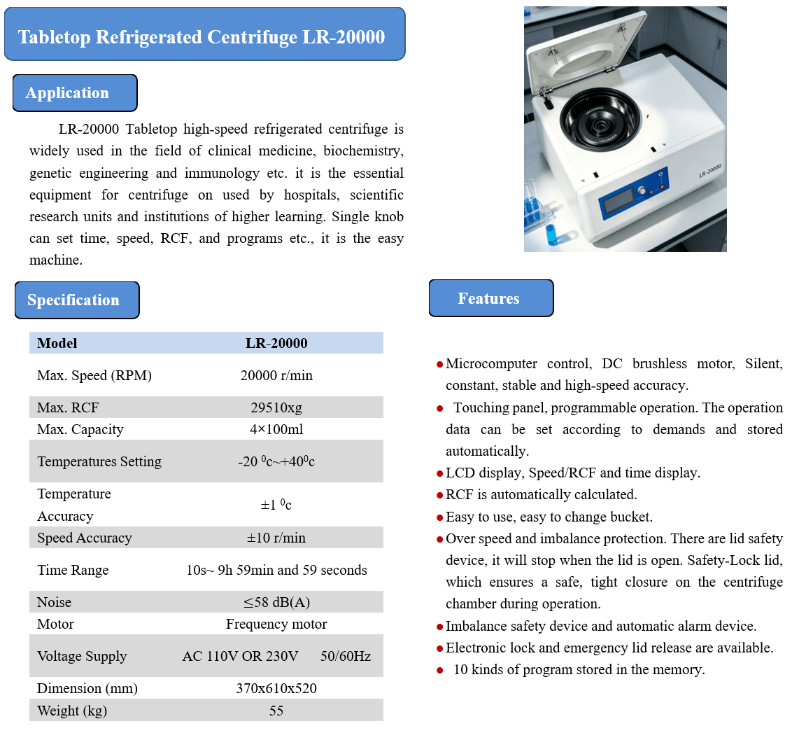 High Speed Refrigerated Benchtop Centrifuge, Model LR-20000