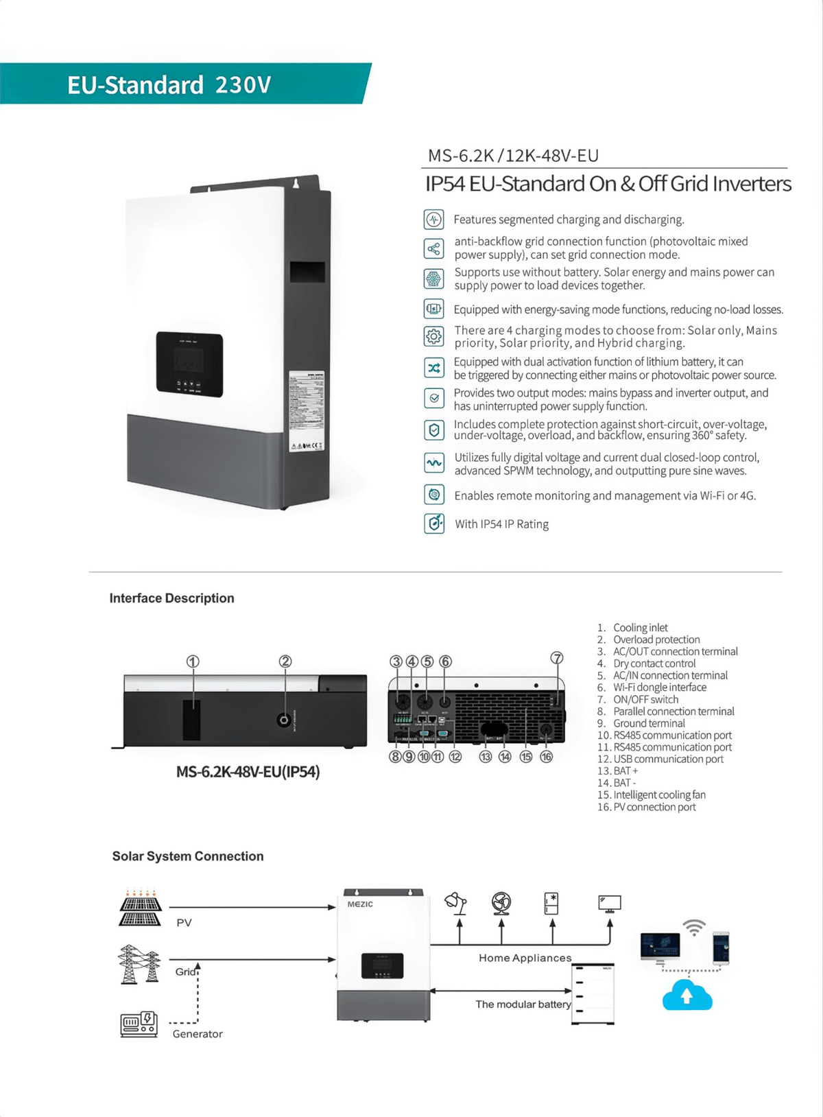 6.2KW 12KW IP54 EU-Standard On & Off Grid Inverter