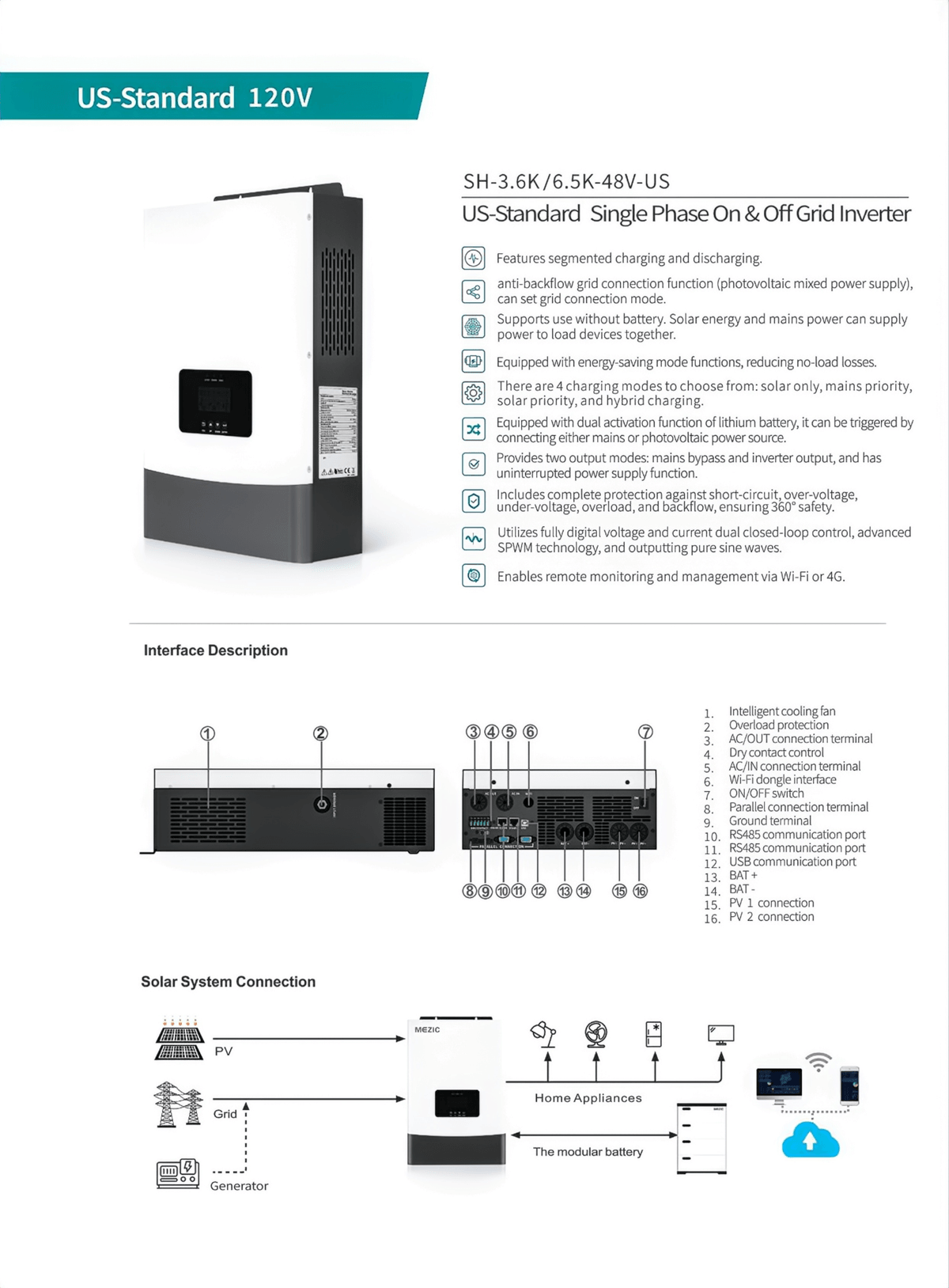 3.6KW 6.5KW IP21 US-Standard Single Phase On & Off Grid Inverter