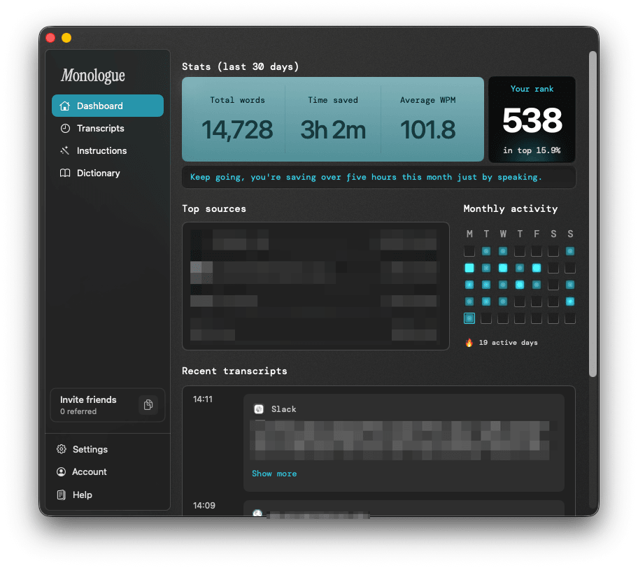 Screenshot of the Monologue dashboard. It shows how many words I've written and my time saved. Also my rank against other Monologue users