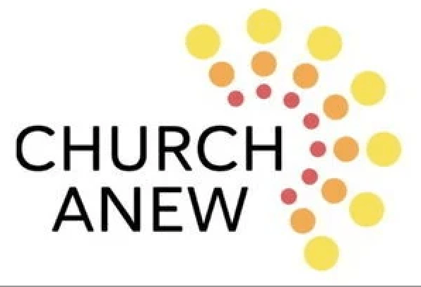Logo for Church Anew white rectangle with Church Anew in black letters fan of red orange and yellow circles to the right