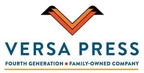 Versa Prss logo orange and black V at the top Versa Press in the middle Fourth generation family-owned company at the bottom