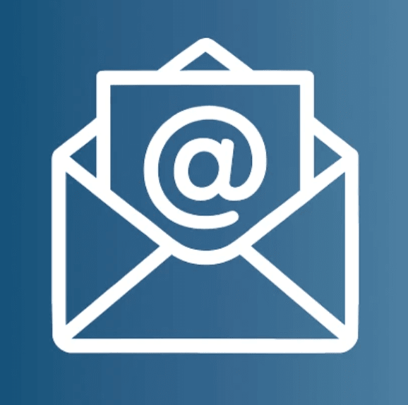 Blue background with white stylized graphic of an open envelope with the email @ sign inserted like a letter