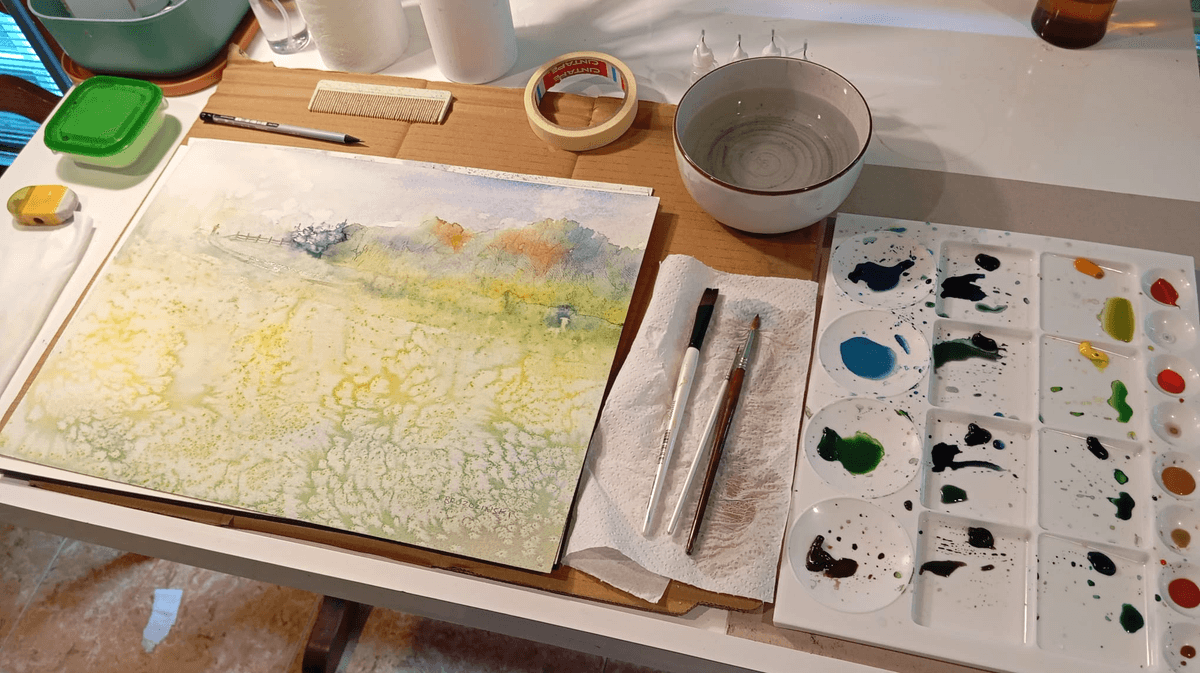 "Gates Edge" Watercolor, 12x16 in (31x41cm) using salt technique from   "Texture Lab" worshop.