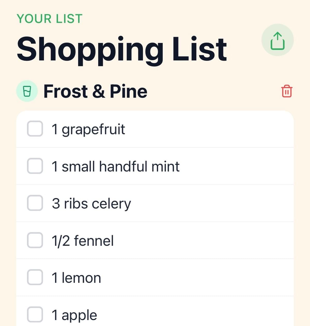 App screen of shopping list