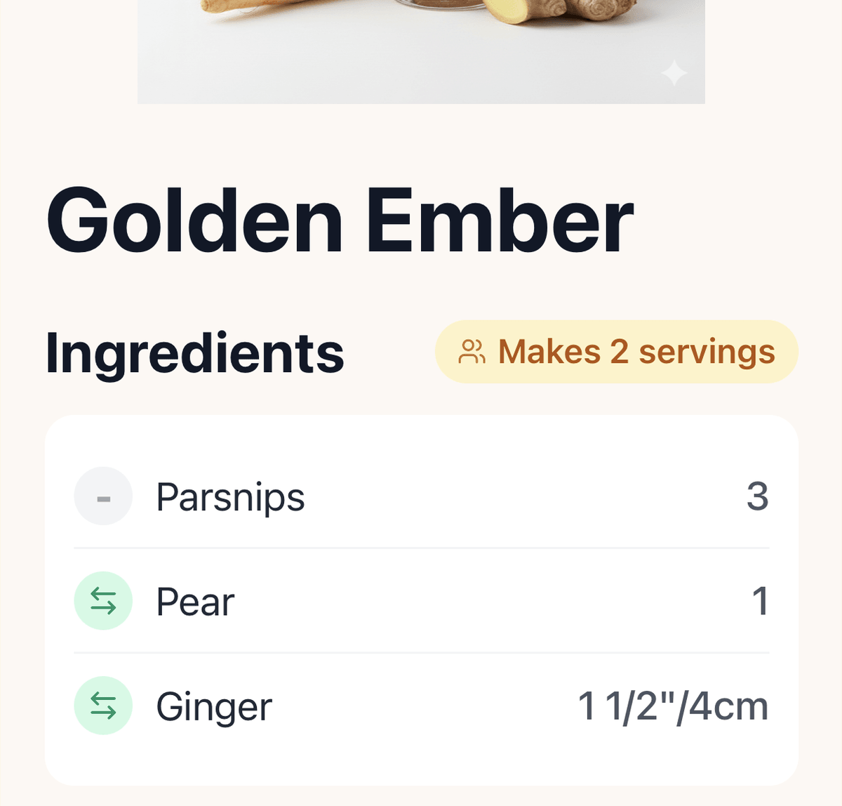 App screen of simple ingredients 