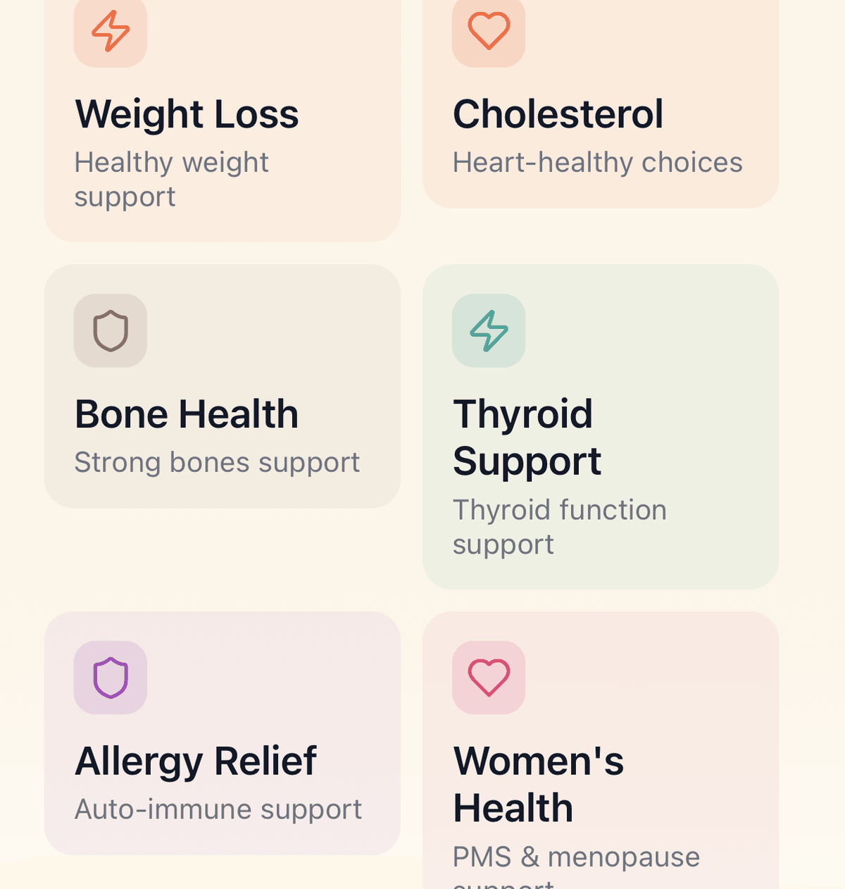 App screen of functional wellness goals