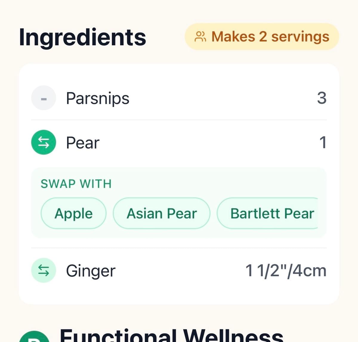 App screen of switching ingredients