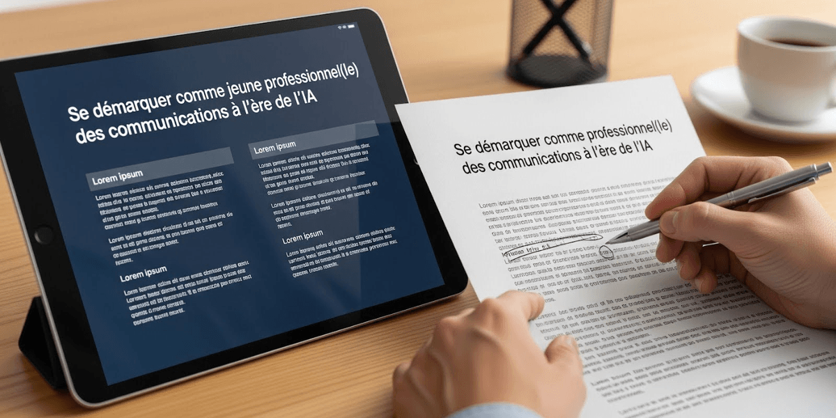 Un professionnel des communications comparant un communiqué généré par IA sur tablette à une version papier annotée, illustrant comment la posture stratégique ajoute de la valeur ajoutée au-delà de l'automatisation en communication IA.