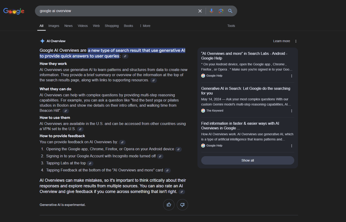 A screenshot of the Google AI Overview interface.
