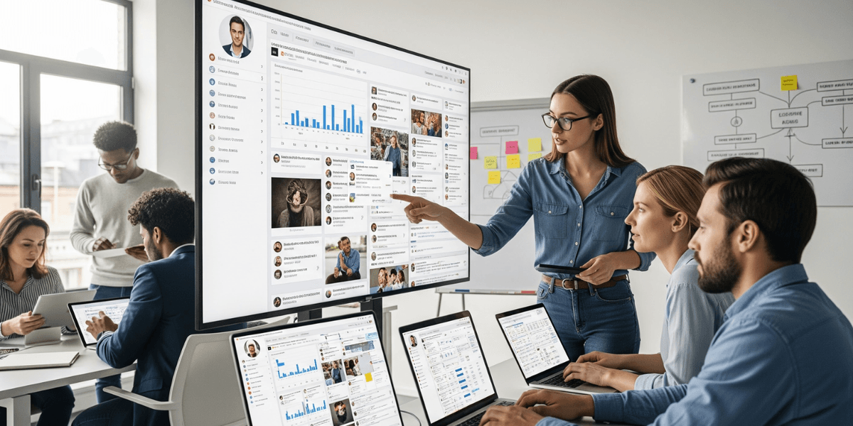 Équipe de marketing analysant du contenu généré par les utilisateurs, des interactions sur les réseaux sociaux et des données d’engagement afin d’optimiser une stratégie de contenu UGC.