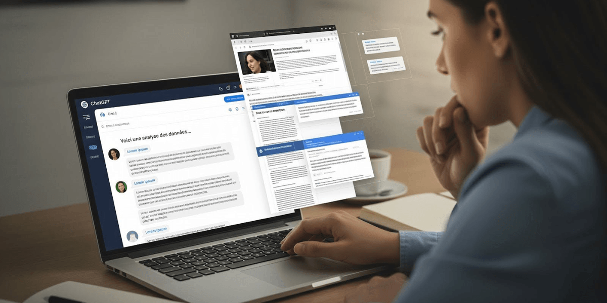 Une professionnelle de la communication vérifiant les sources des réponses d'un outil d'IA sur son ordinateur, soulignant l'importance de l'esprit critique et de la maîtrise responsable de l'IA de la communication.