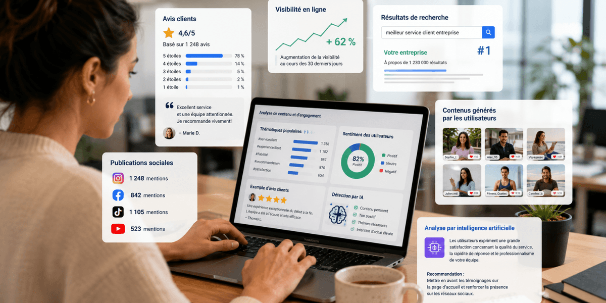 Professionnelle du marketing analysant des avis clients, des publications sociales et des contenus générés par les utilisateurs afin d’améliorer le référencement SEO et la visibilité dans les outils d’intelligence artificielle.