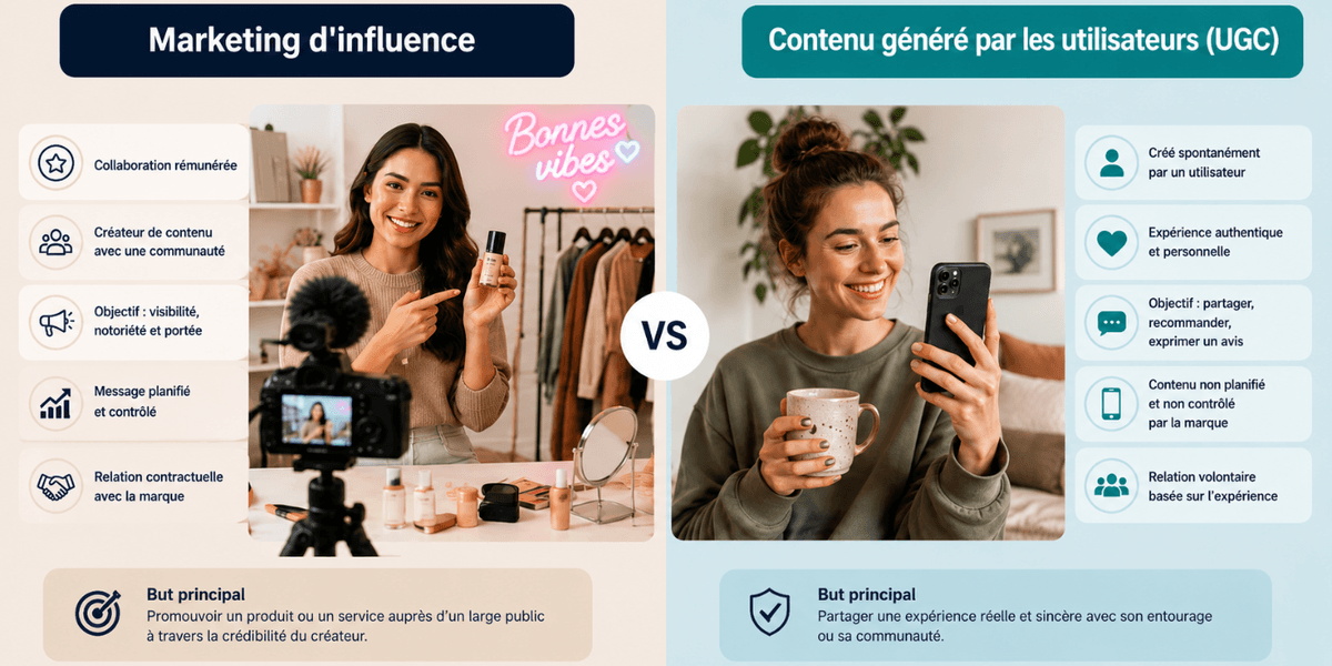 Comparaison entre le marketing d’influence et le contenu généré par les utilisateurs (UGC), mettant en évidence les différences entre contenu commandité et expérience authentique.