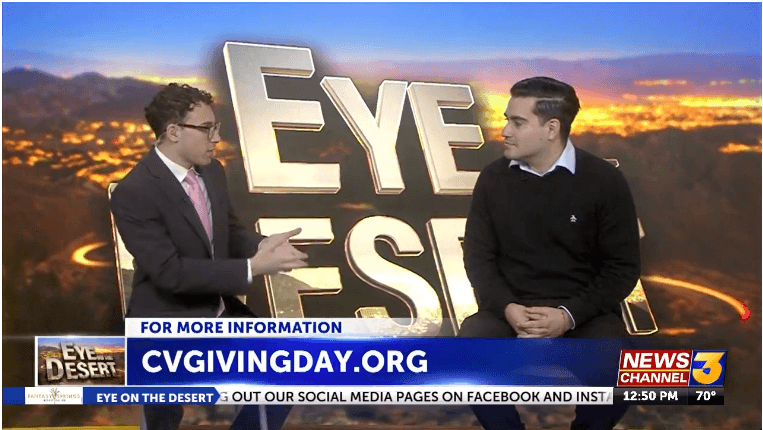 Promotional image for Coachella Valley Giving Day highlighting California Bank & Trust as the Key Presenter, with a button inviting viewers to watch the KESQ “Eye on the Desert” feature.