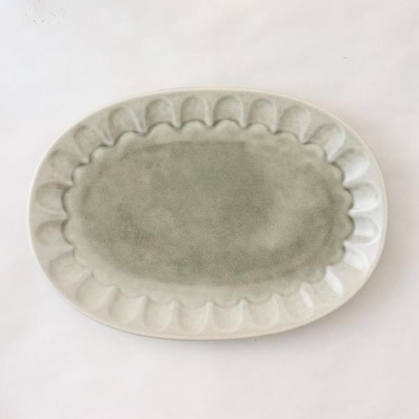 手工刻紋水墨渲染橢圓盤23cm 圓盤日本製美濃燒 自然手作餐盤餐具