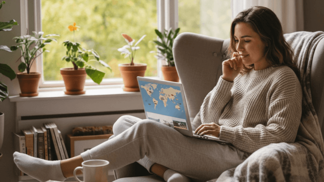Image of a woman sitting researching tours and attractions on her computer