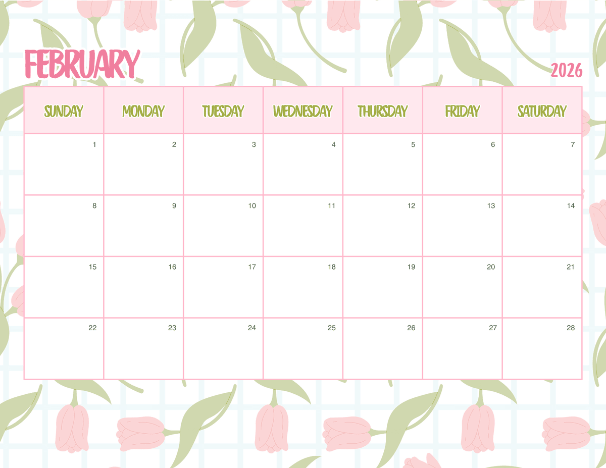 Pink White Cute Floral Tulips 2026 Calendar
