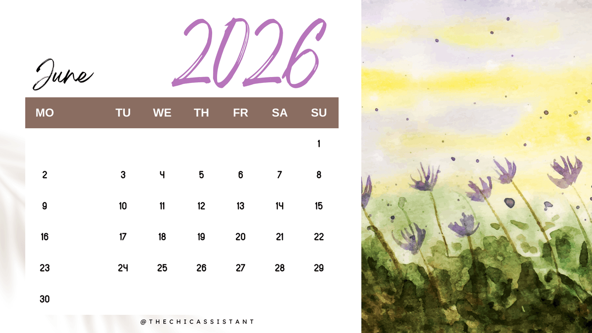 Watercolor Landscape 2026 Monthly Calendar