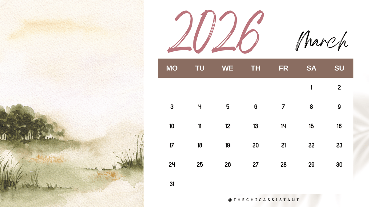 Watercolor Landscape 2026 Monthly Calendar