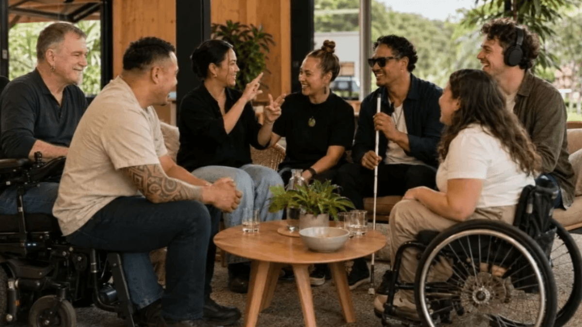 Pip, seated in a power wheelchair, joins six diverse people in a lively conversation around a table. The group includes a person signing, a man holding a white cane, a headphone wearer and a manual wheelchair user. 