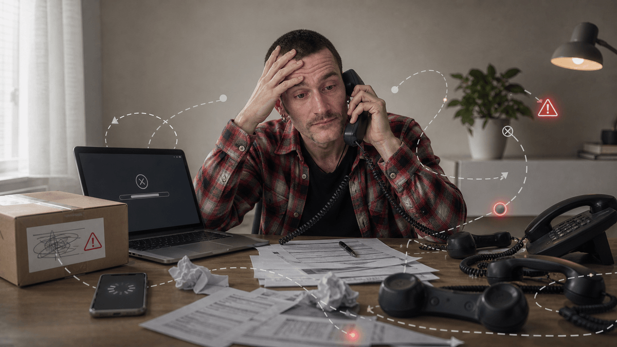 A frustrated man sits at a cluttered desk holding a phone, surrounded by failed devices, tangled cords, paperwork, warning symbols and disconnected communication paths.