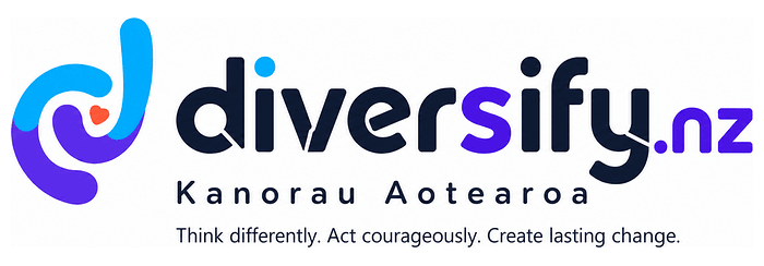 **Alt text:** Horizontal diversify.nz logo featuring a flowing turquoise and purple lowercase “d” with a small red heart, alongside the navy and purple wordmark. Beneath are "Whakawhanui Aotearoa” and the strapline, “Think differently. Act courageously. Create lasting change.” **Alt text:** Horizontal diversify.nz logo featuring a flowing turquoise and purple lowercase “d” with a small red heart, alongside the navy and purple wordmark. Beneath are "Whakawhanui Aotearoa” and the strapline, “Think differently. Act courageously. Create lasting change.”