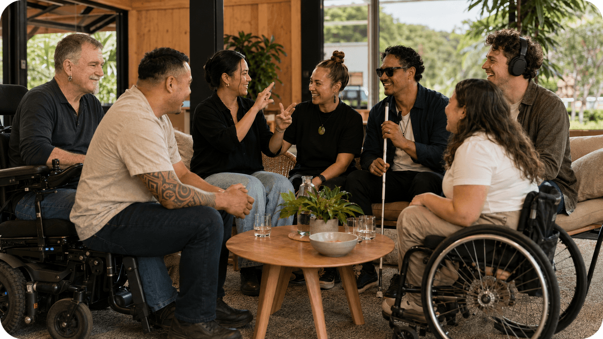 Pip, seated in a power wheelchair, joins six diverse people in a lively conversation around a table. The group includes a person signing, a man holding a white cane, a headphone wearer and a manual wheelchair user. 